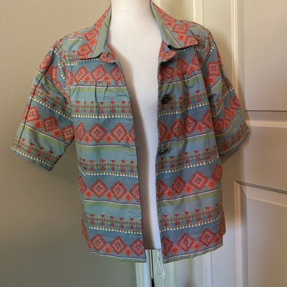 Tasha Pelosi crop jacket with sleeves to elbow, Concho buttons,blue and coral Lg - Picture 4 of 12